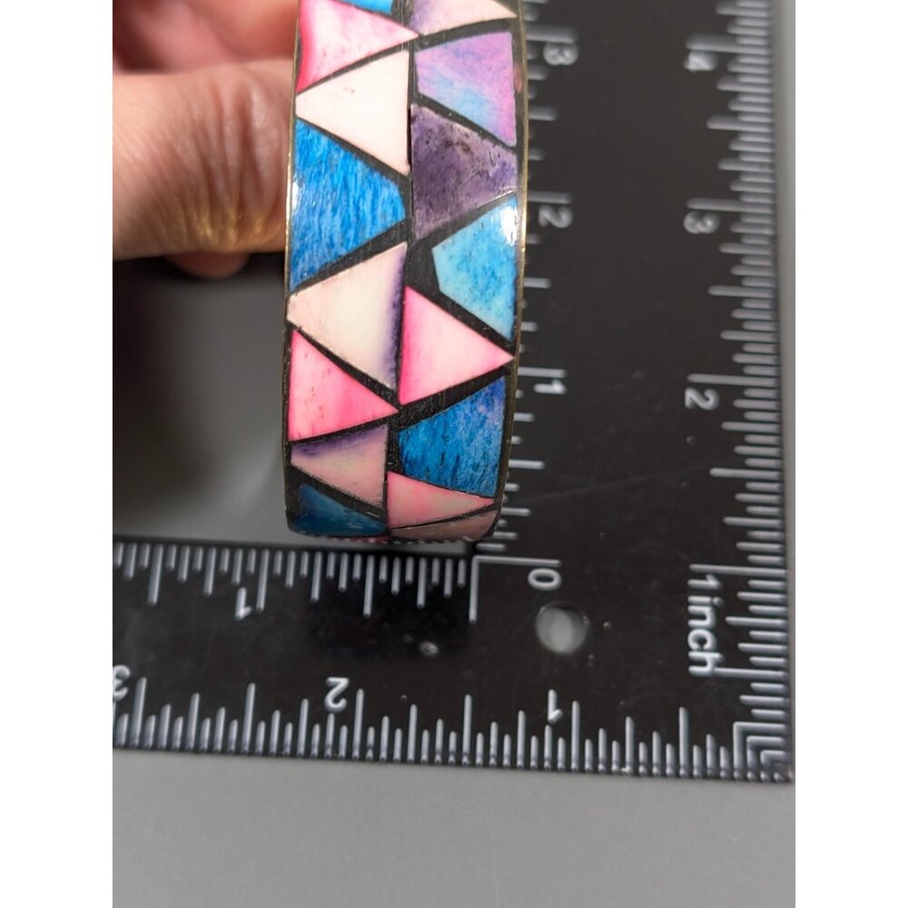 Vintage Brass Blue Pink Triangle Inlay Bangle Bracelet Tribal Boho small - Picture 9 of 9